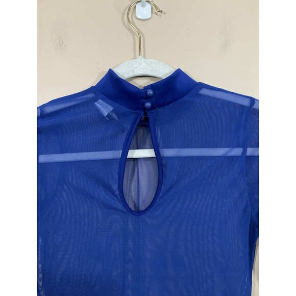 Womens Sheer Mesh Midi Dress M Blue Side Slit Mock Neck Club Rave Party Brat - Picture 4 of 6